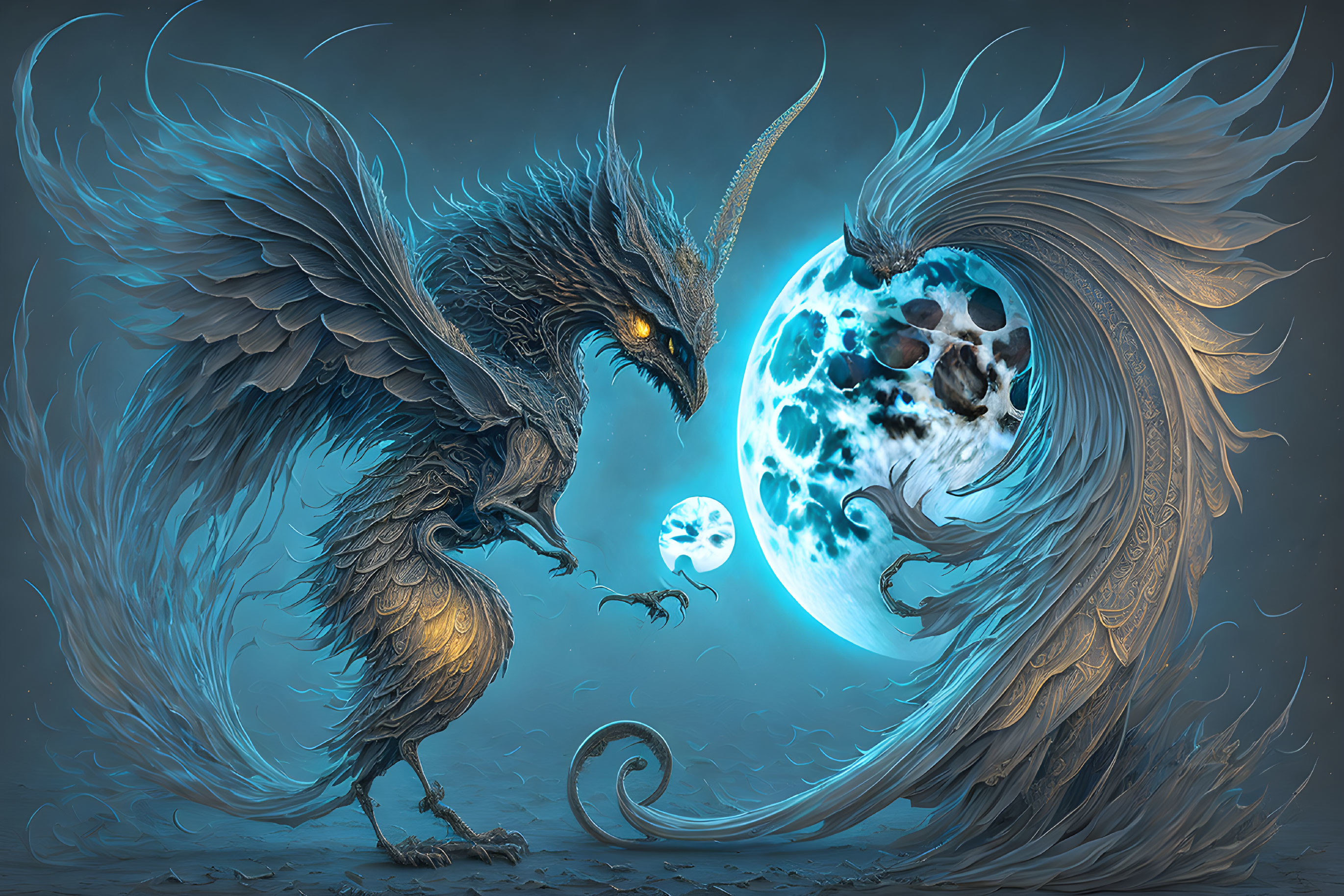 Majestic dragons with elaborate wings in mystical moonlit scene