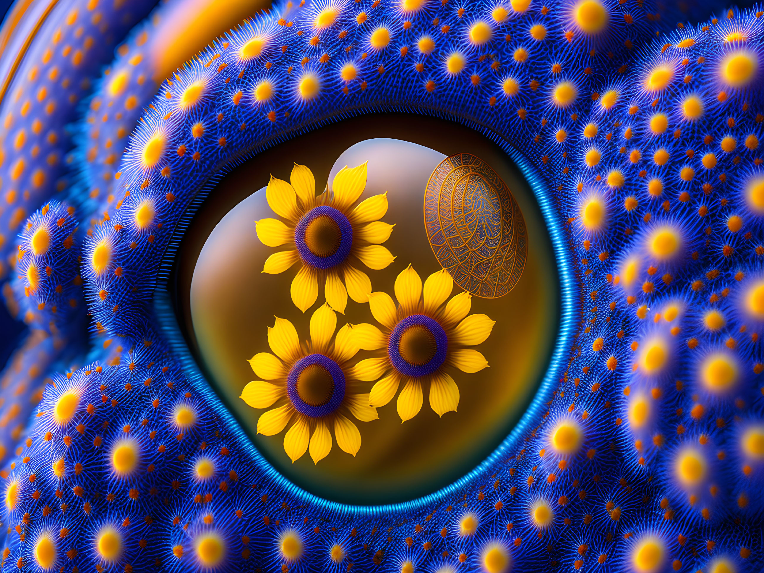 Fractal image: Blue and orange patterns with sunflowers and geometric shape