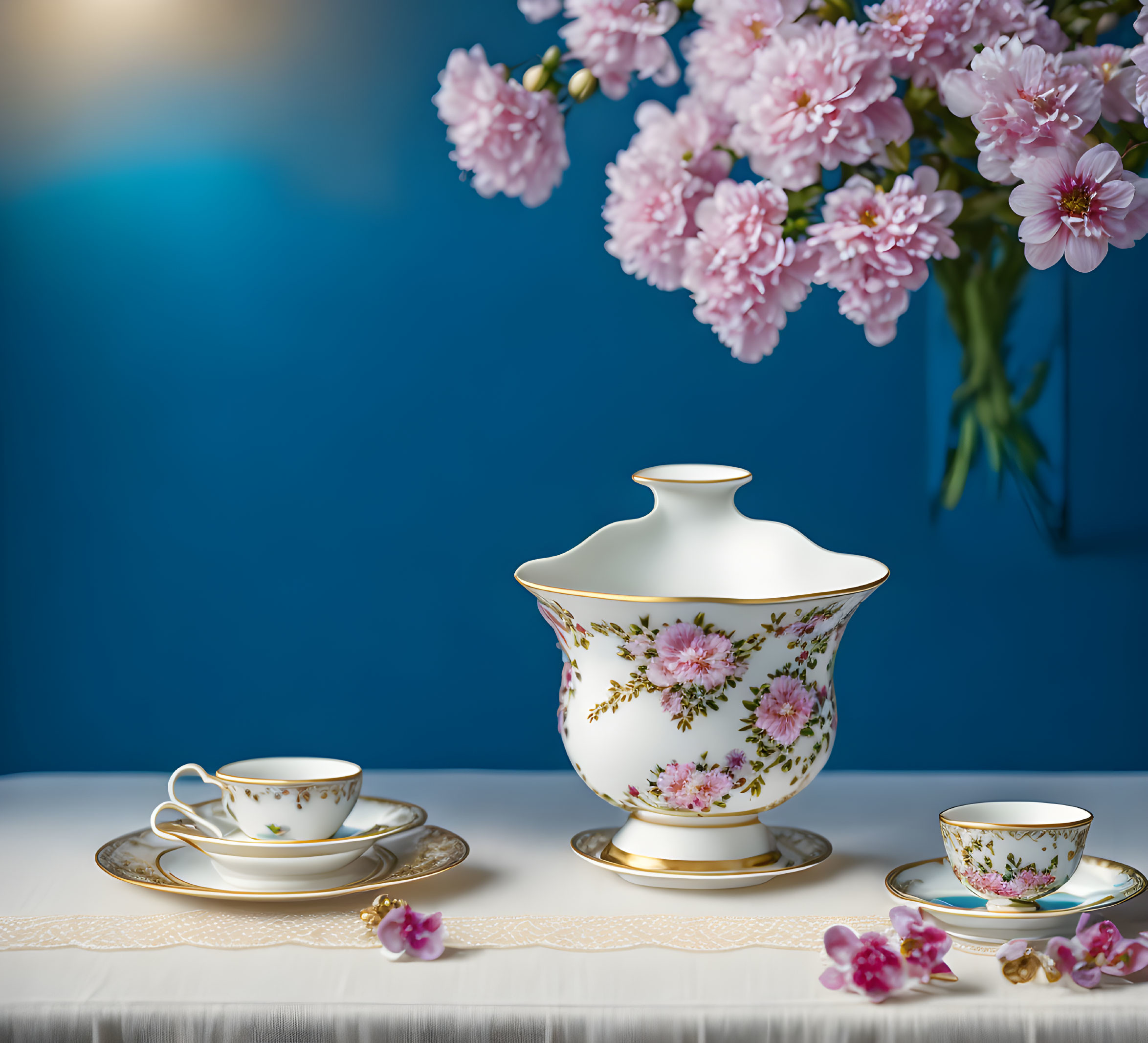 Porcelain tea set with floral designs on table with pink blossoms