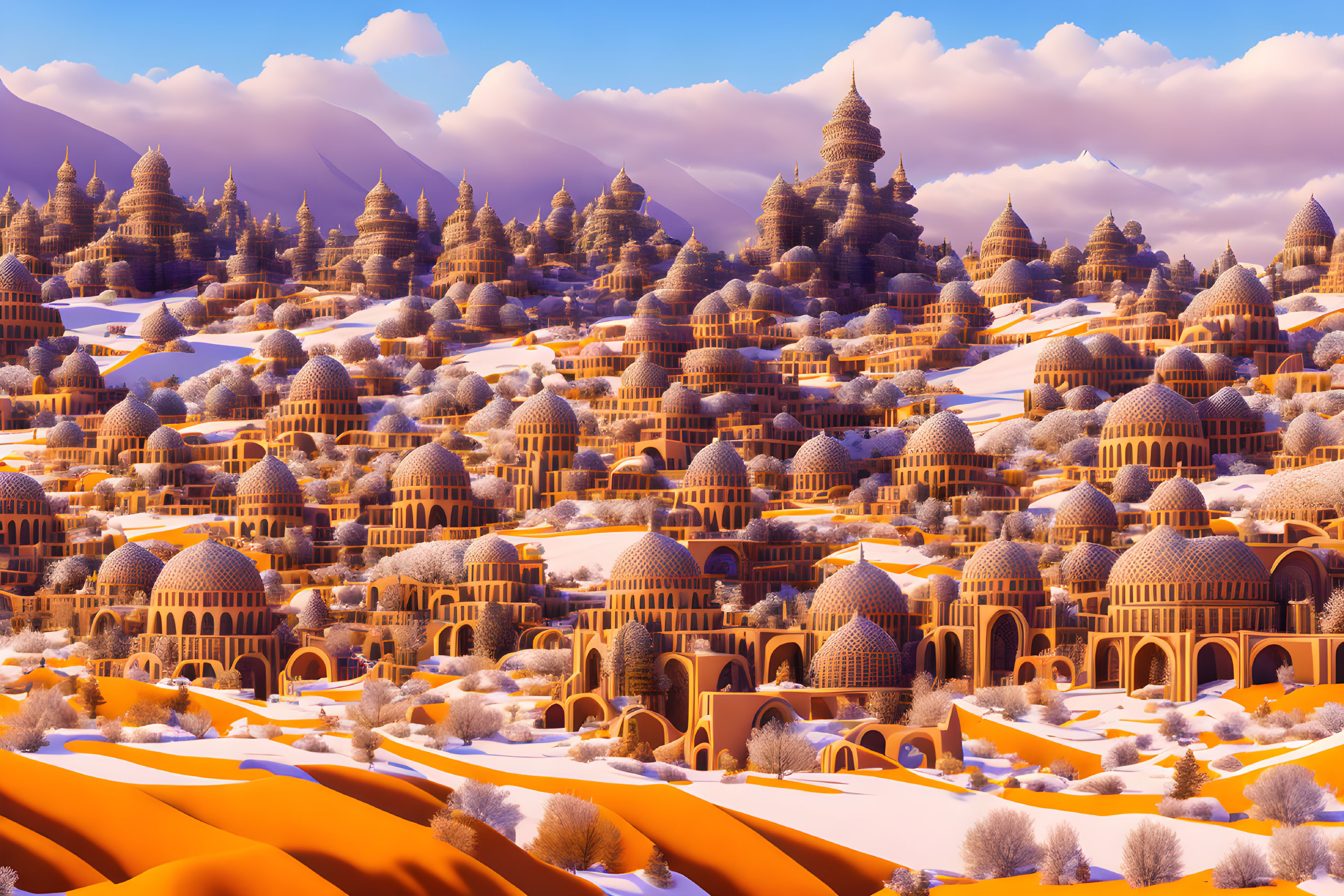 Fantasy landscape: Golden city in snowy desert under blue sky