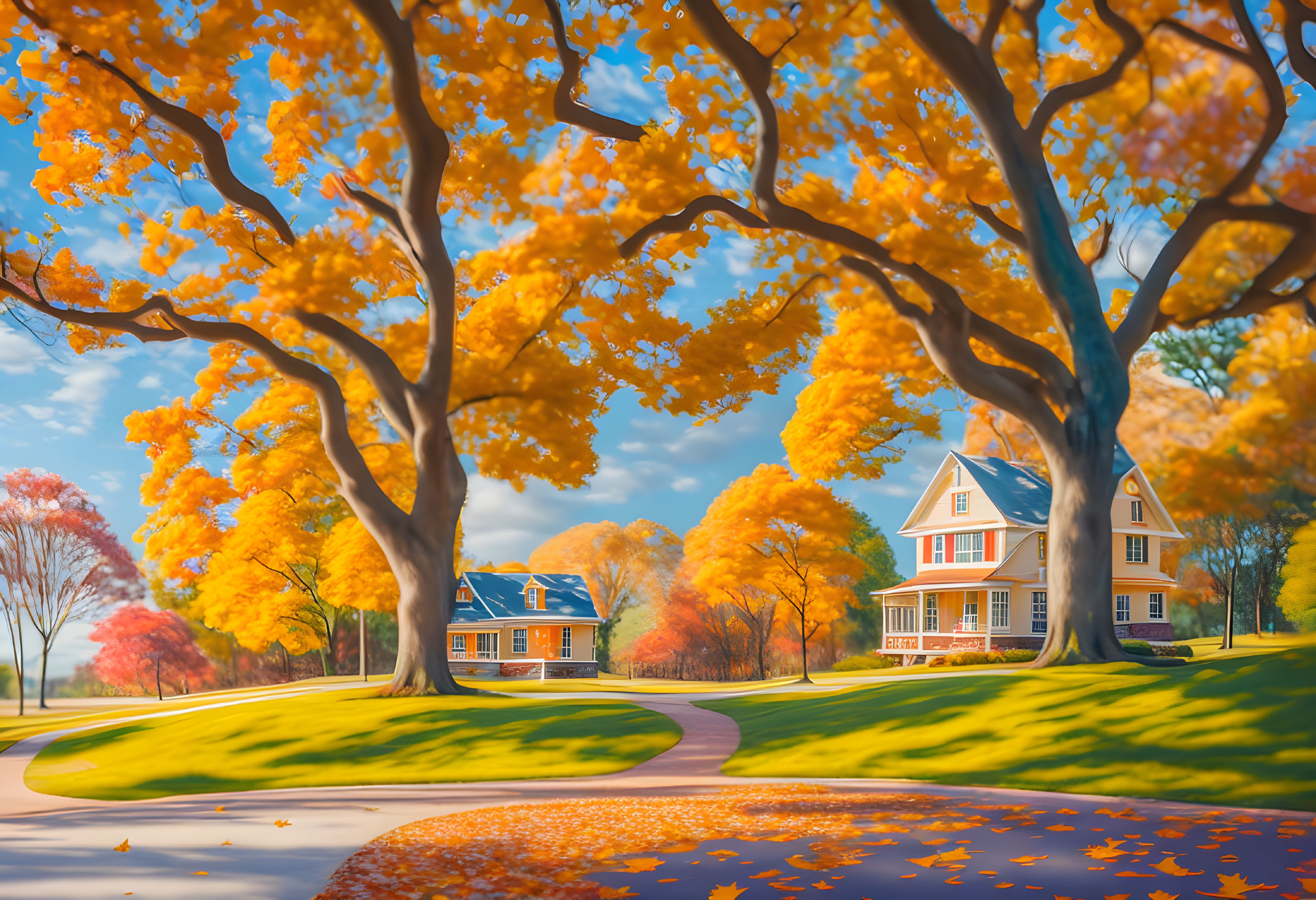 Vibrant autumn foliage, winding path, charming house in warm sunlight