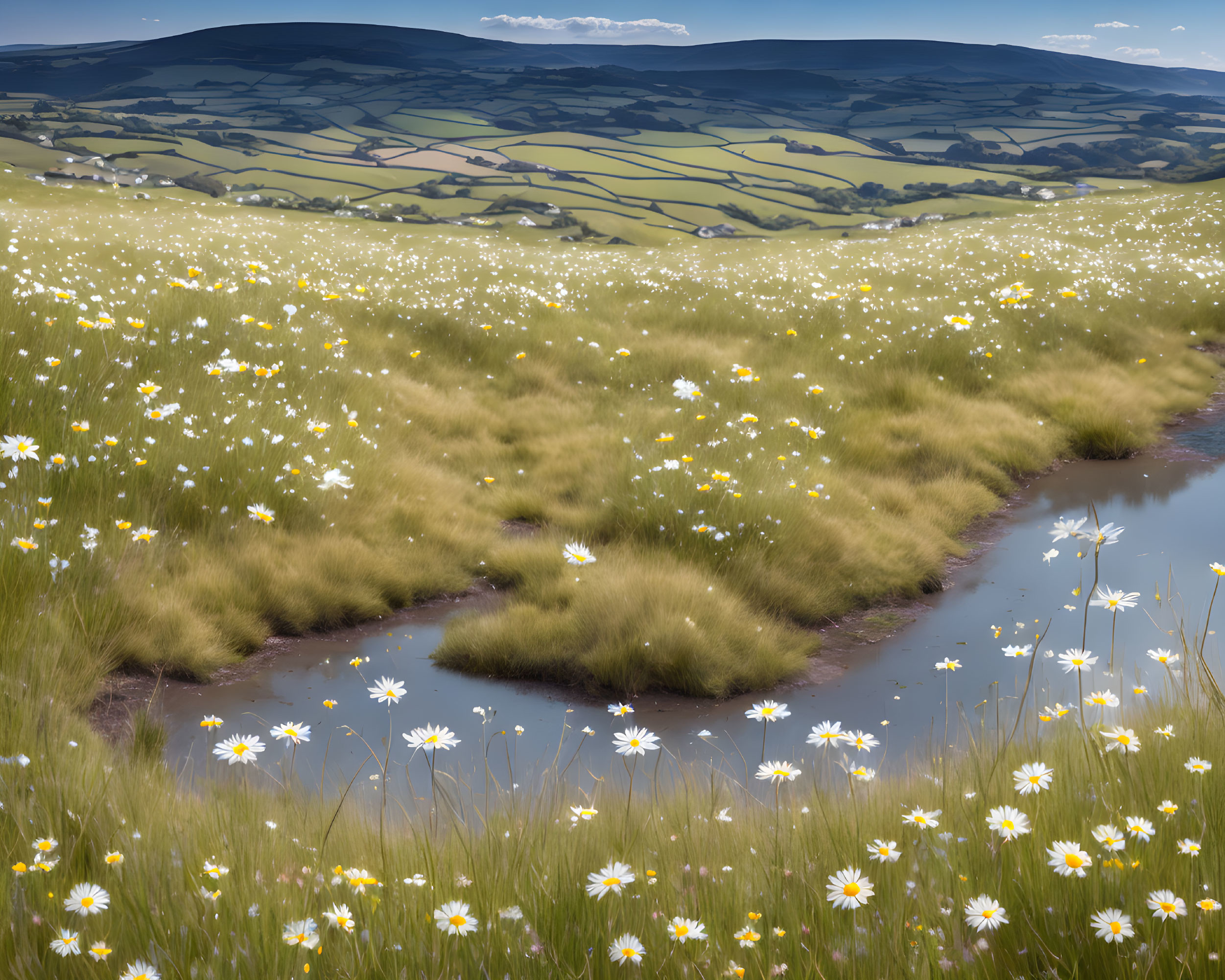 Tranquil landscape: stream, daisies, blue sky, green hills