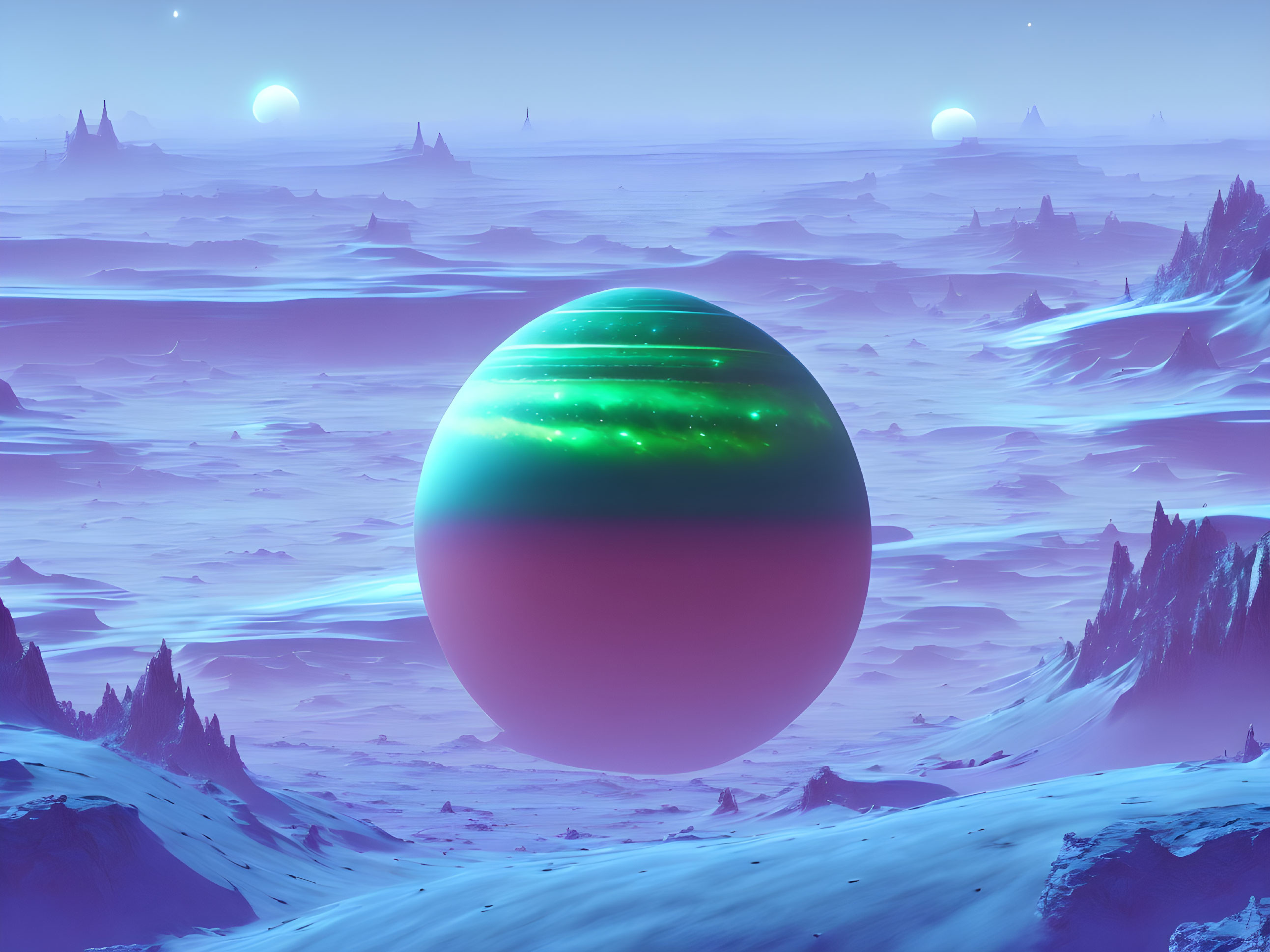 Surreal landscape with giant glowing orb in green and red above purple snowy terrain