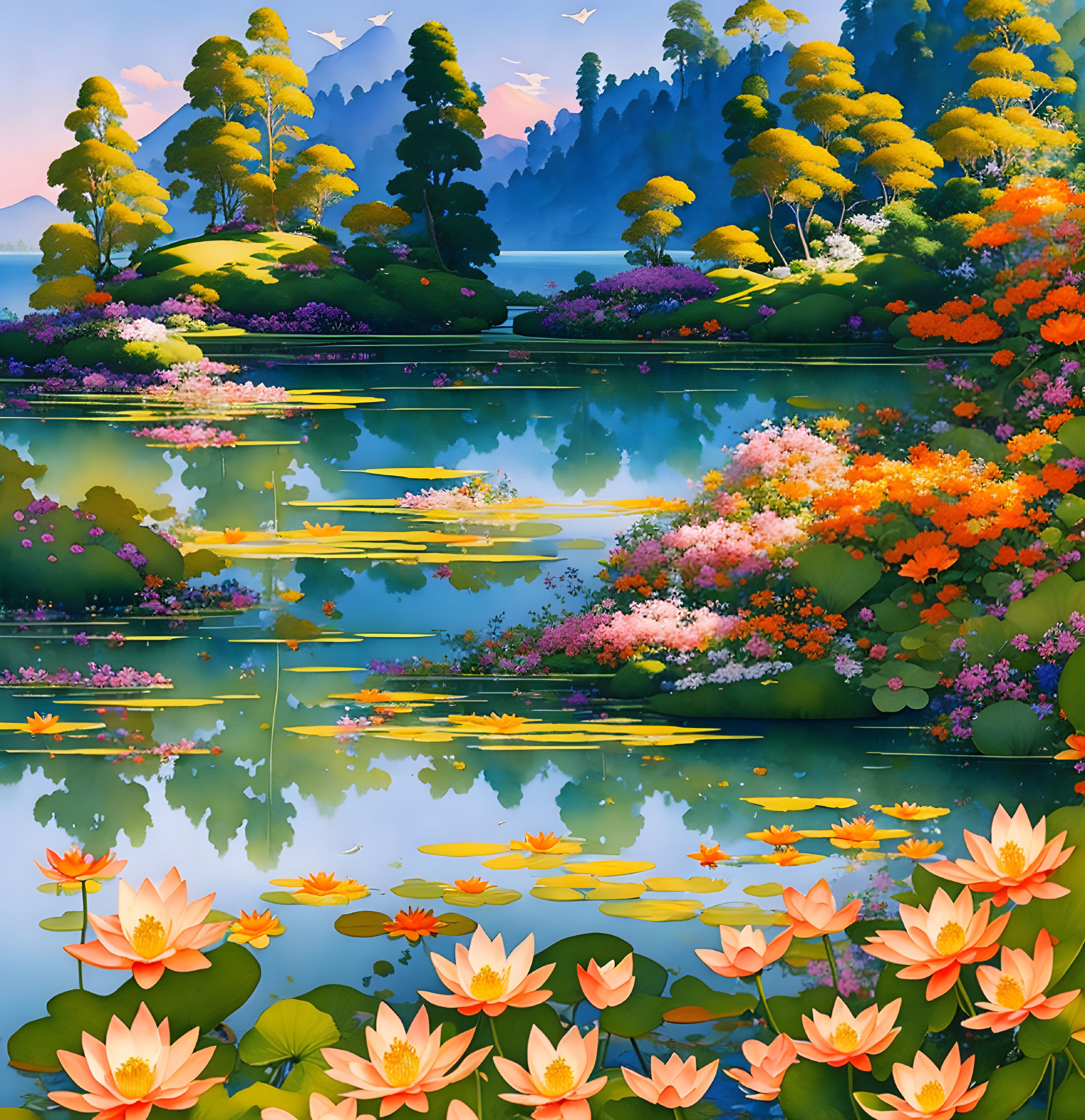 Serene lake scene with lush trees, flowers, water lilies, and birds