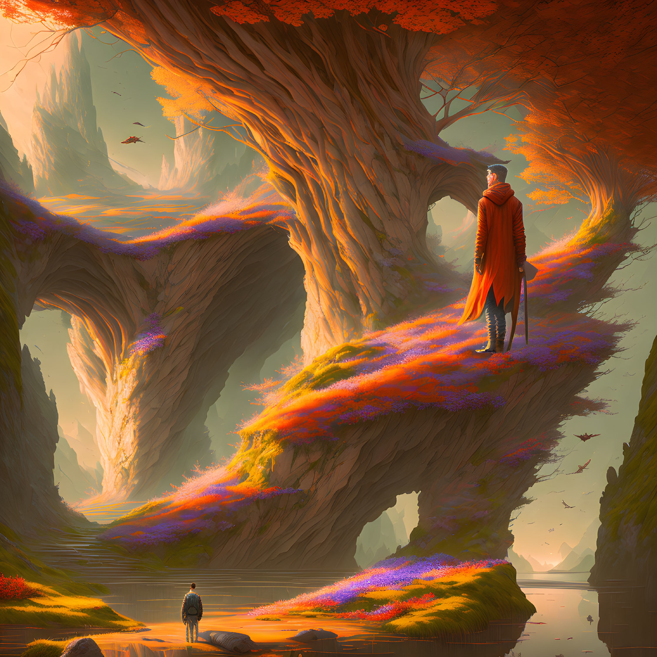 Person in red cloak on rocky path surrounded by vibrant flora and towering trees