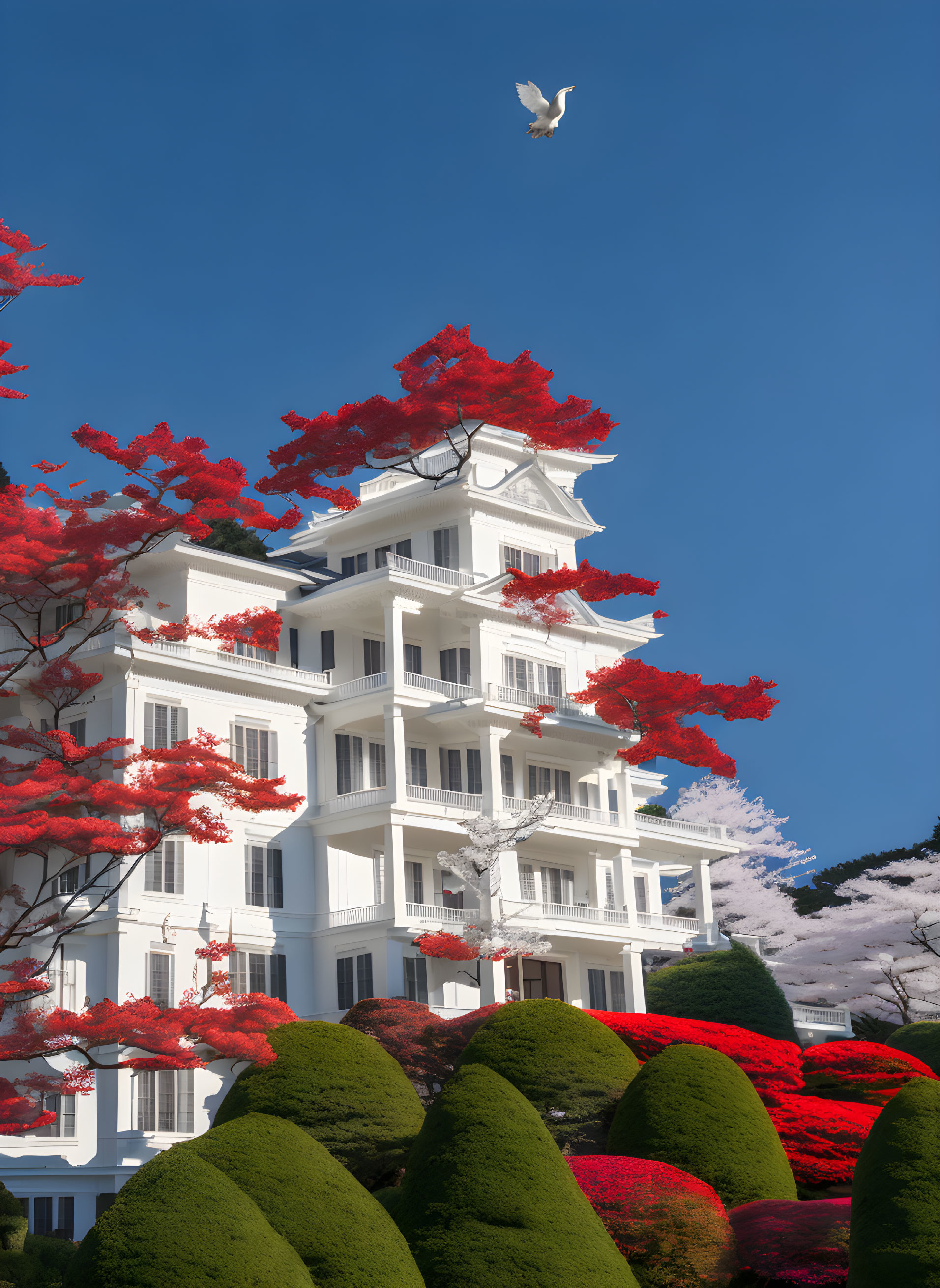 White building with balconies amid red and green foliage under blue sky with bird