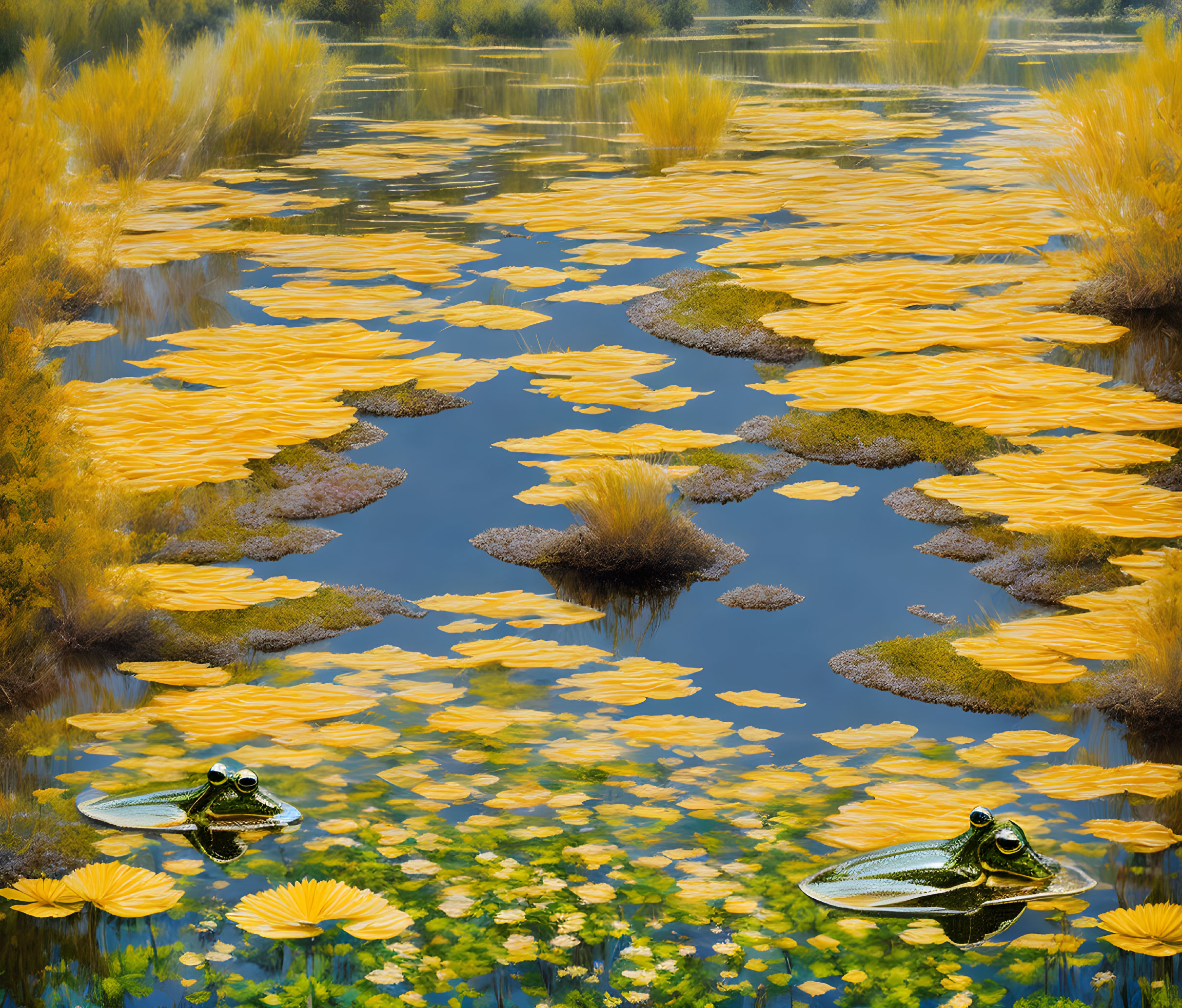 Tranquil pond scene with yellow water lilies, frogs, and lush greenery