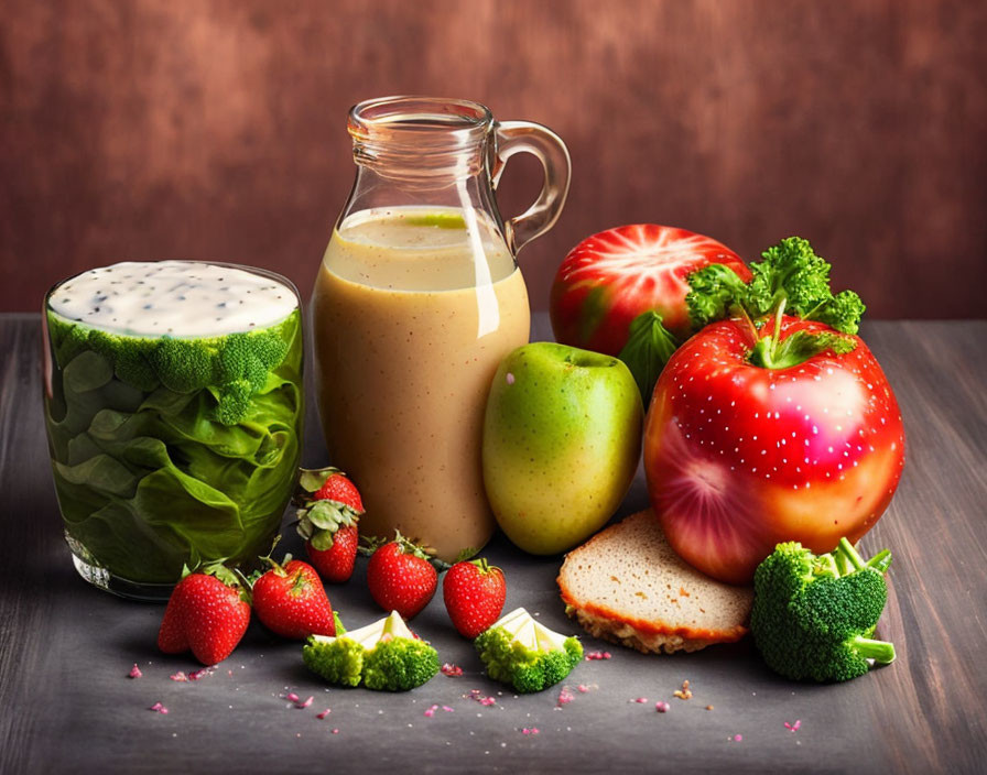 Fresh Vegetable and Fruit Spread with Smoothie, Bread, and Spinach Glass