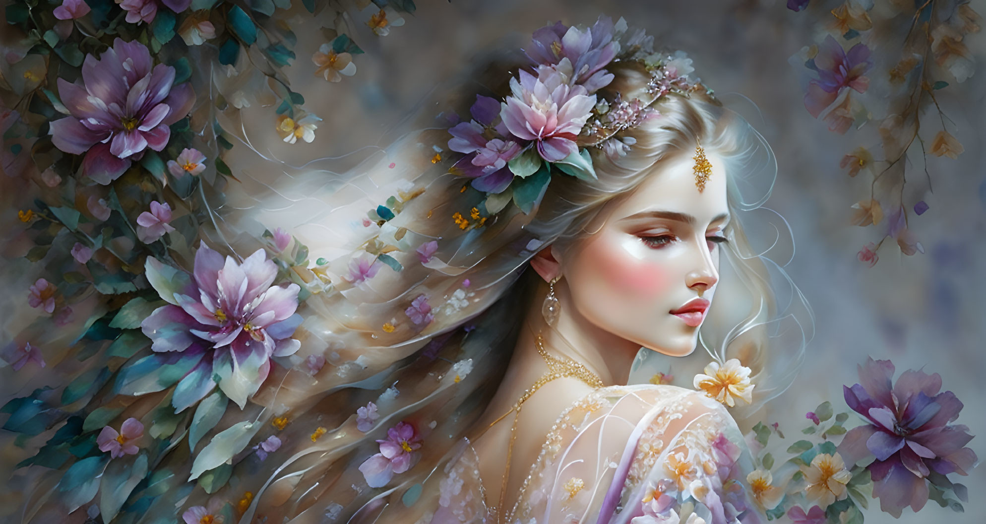 Ethereal woman with flowers in hair among blooming flora