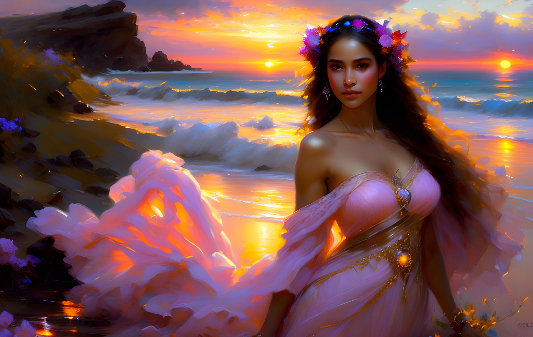 Woman in pink gown with floral crown at beach sunset