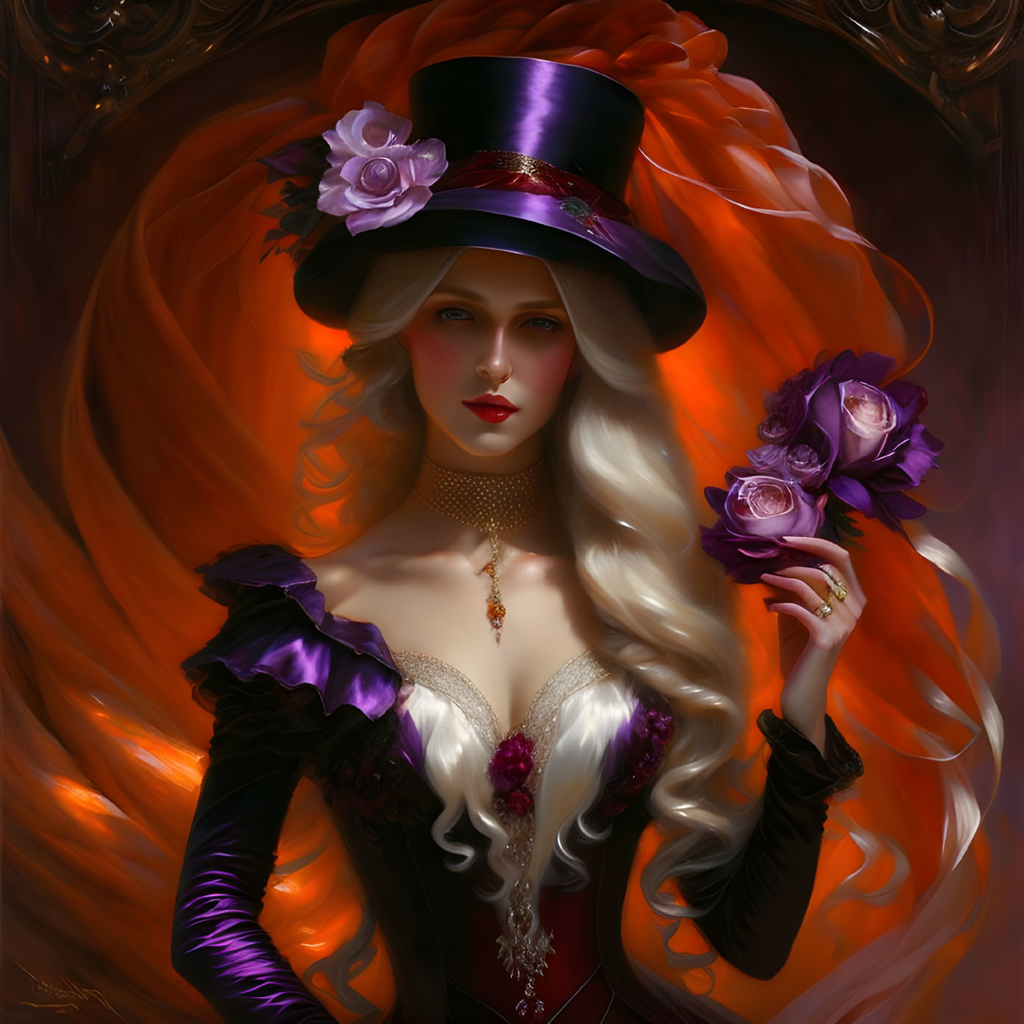 Pale woman with long wavy hair in Victorian attire holding a purple rose