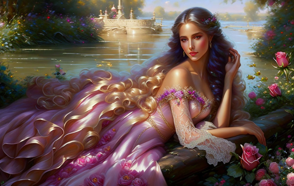 Golden-haired woman in pink dress by waterway with roses and lush foliage - serene fairy-tale scene