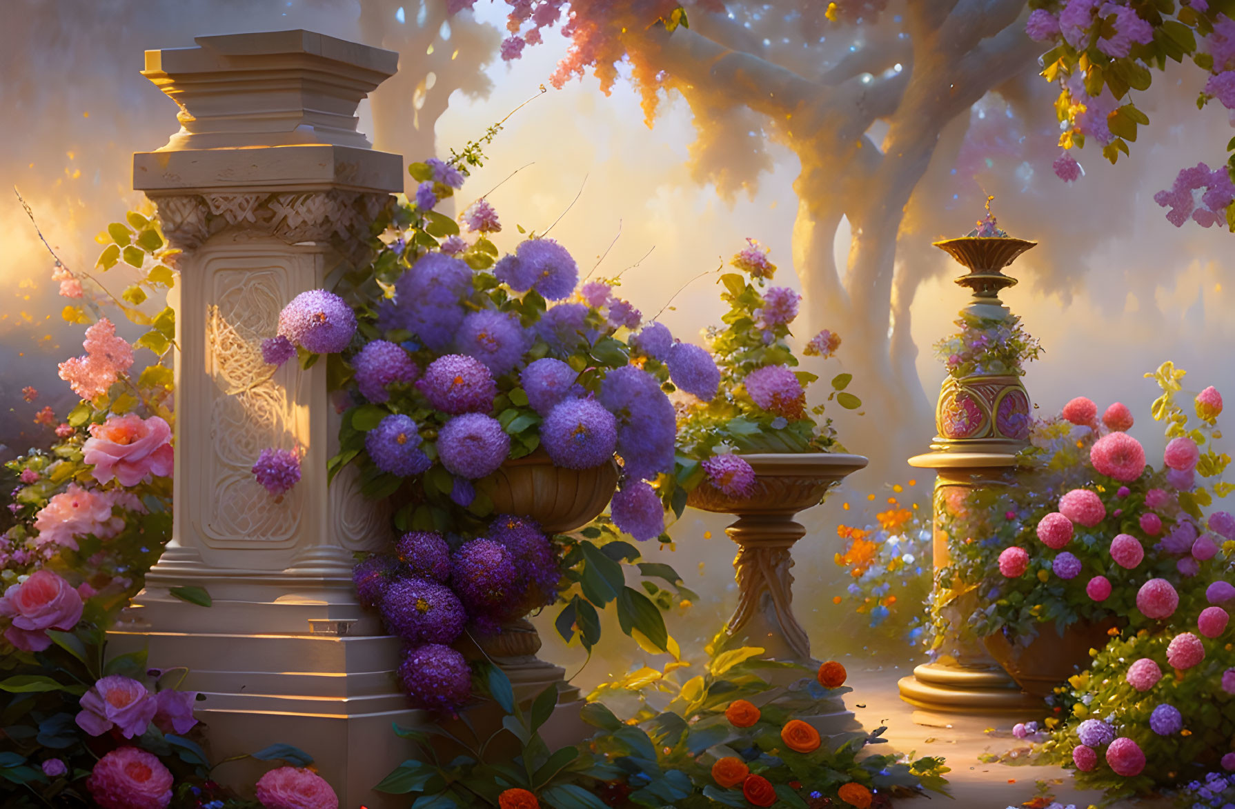 Lush Purple and Pink Flower Garden in Golden Sunlight