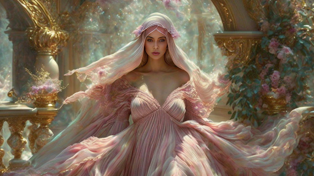 Elegant woman in pink gown with cape and veil against ornate background