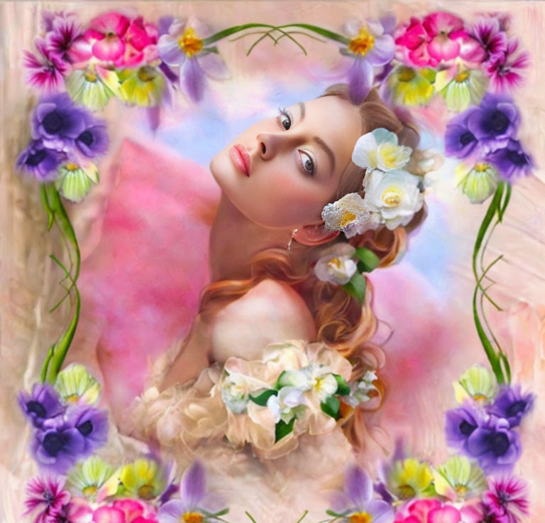 Woman with flowers in soft focus surrounded by floral border on pastel background