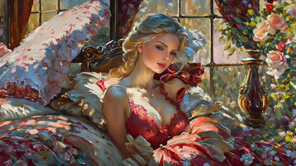 Illustrated woman in red gown reclining on floral cushions by a window