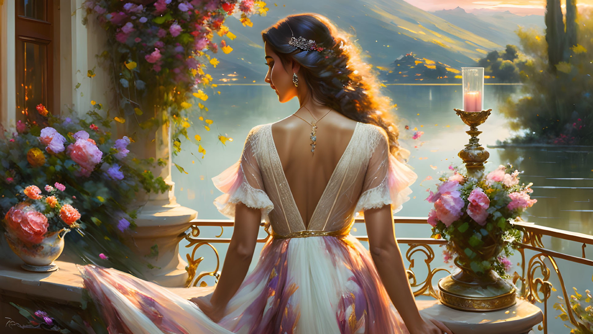 Woman in elegant dress on flower-adorned balcony overlooking sunset lake