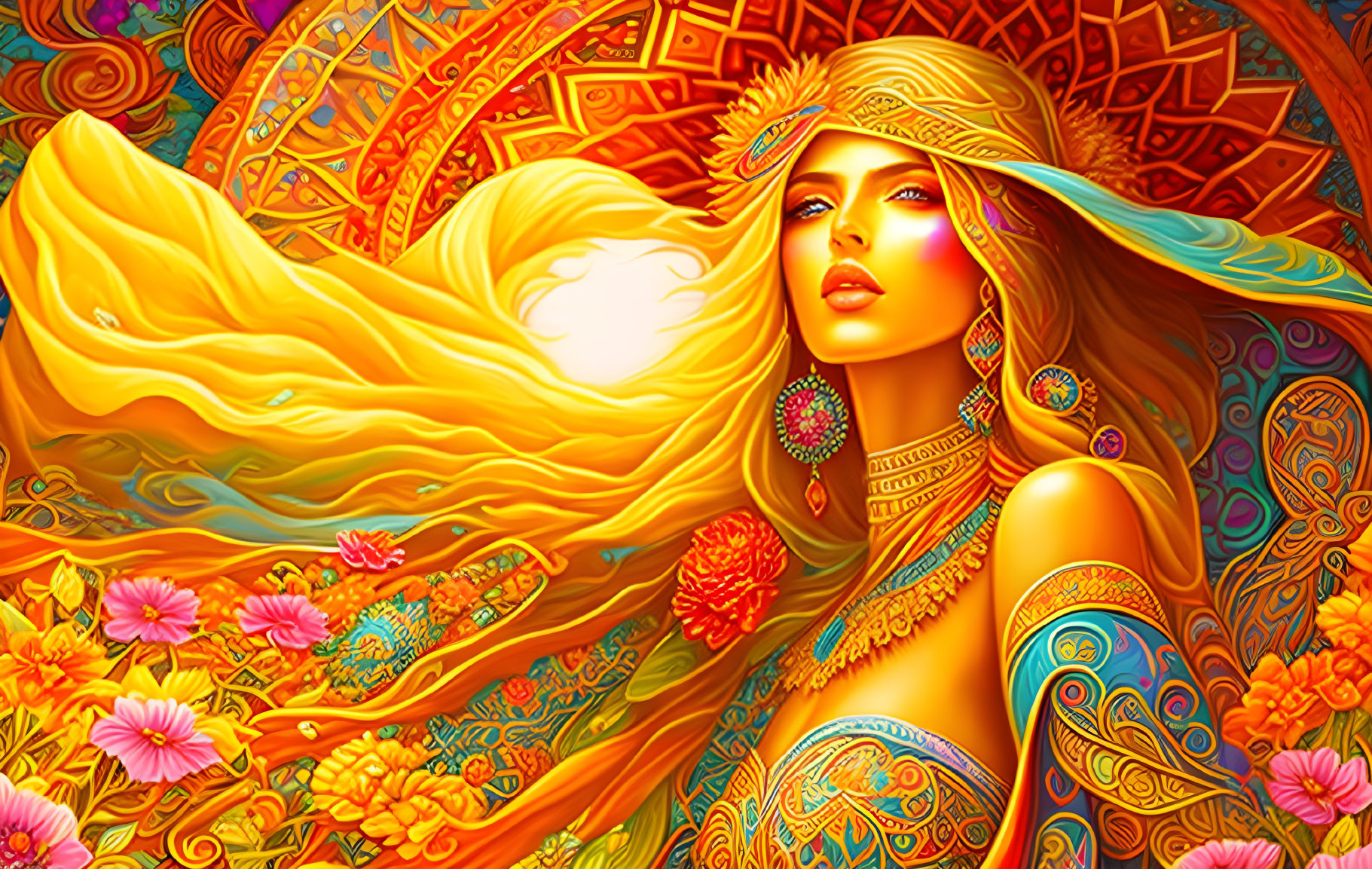 Colorful artwork featuring woman with golden hair and floral headpiece