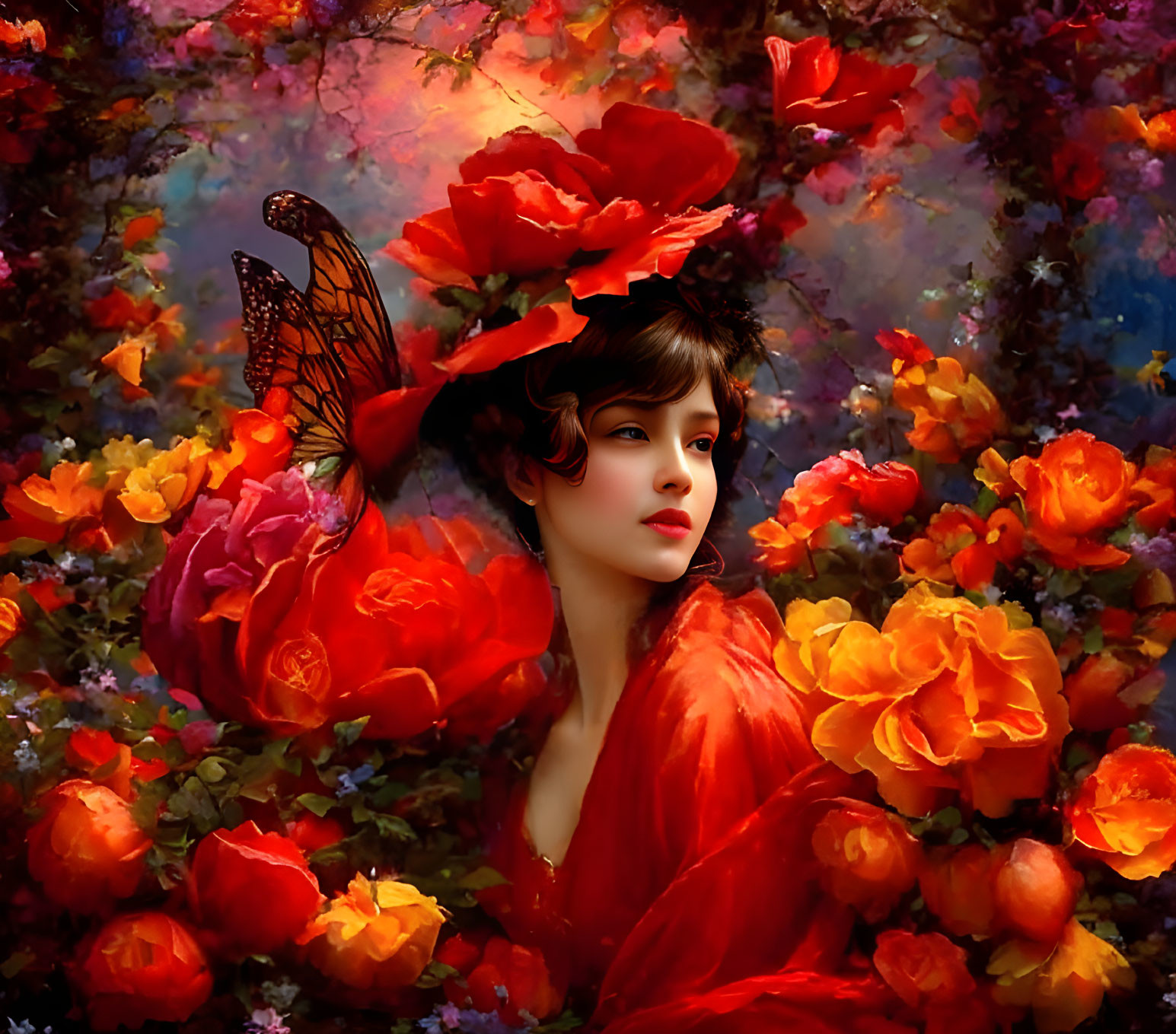 Serene woman with orange roses and butterfly in colorful setting