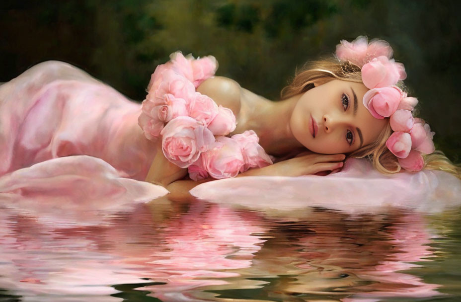 Portrait of woman with pink roses, serene expression, resting on water