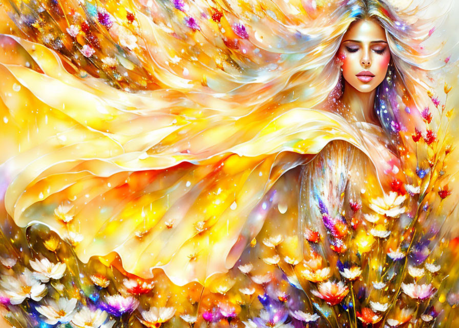 Colorful Abstract Art: Woman with Golden Hair in Floral Background