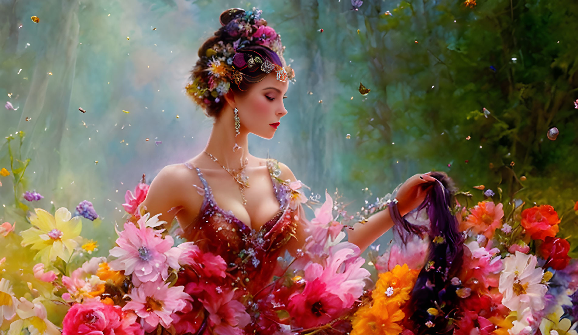 Woman in ornate dress surrounded by vivid flowers in enchanted forest.