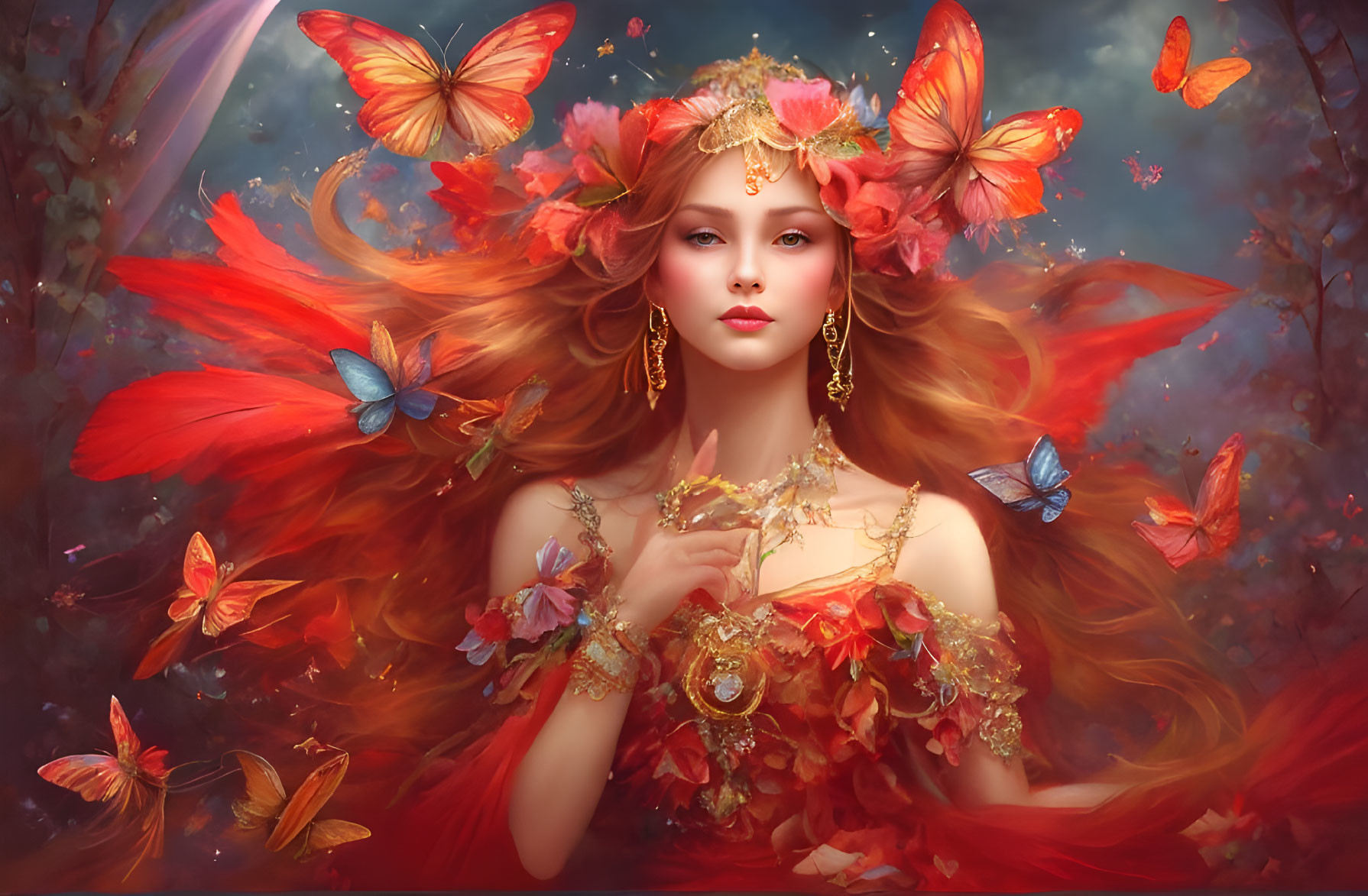 Fantastical woman with red hair and butterflies in floral setting