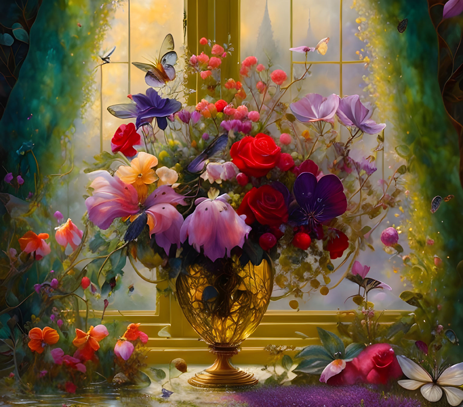 Colorful flowers in golden vase against fantasy backdrop