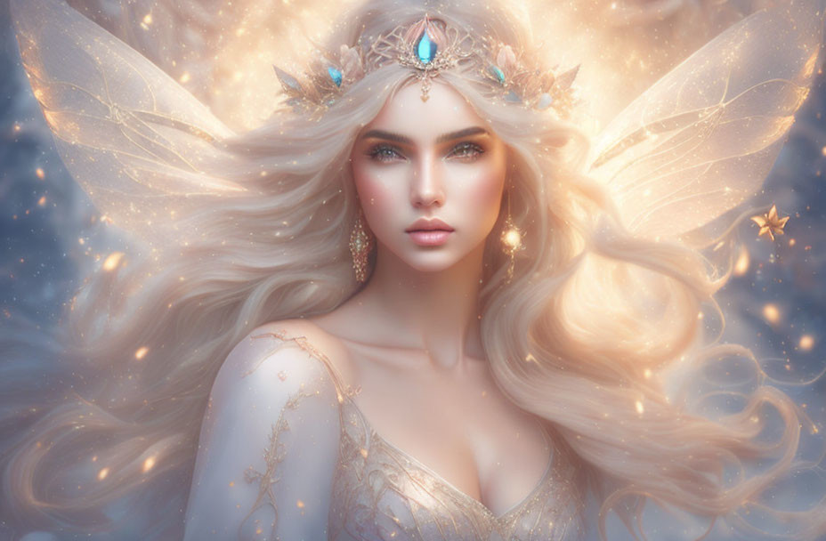 Ethereal female figure with wings, crown, and starry background.