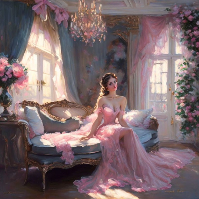 Elegant woman in pink gown on chaise longue in luxurious room