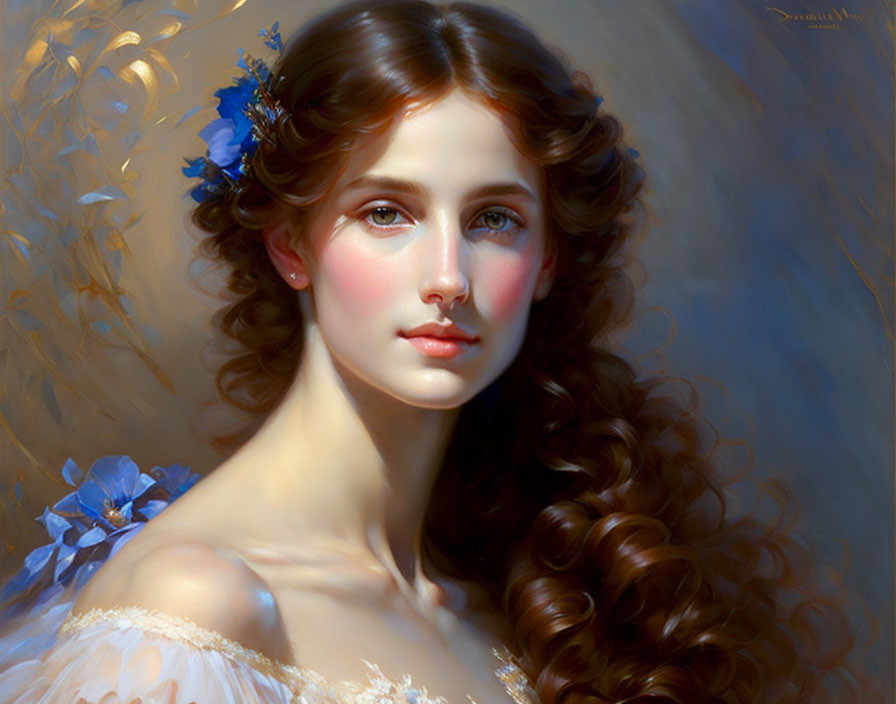 Portrait of young woman with curly hair and blue flowers, serene gaze