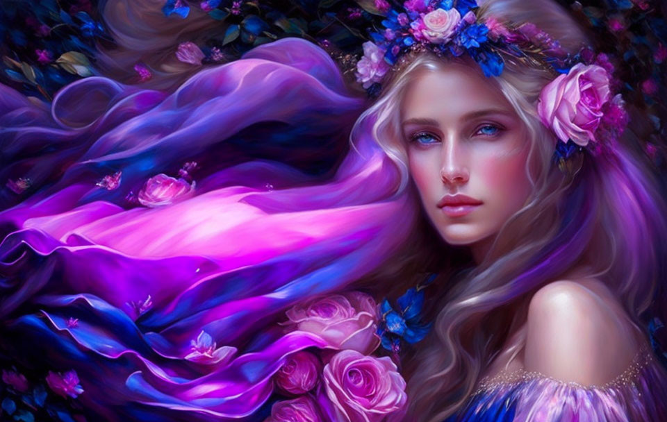 Fantastical female figure with flowing hair and floral adornments in vibrant purple and pink roses.