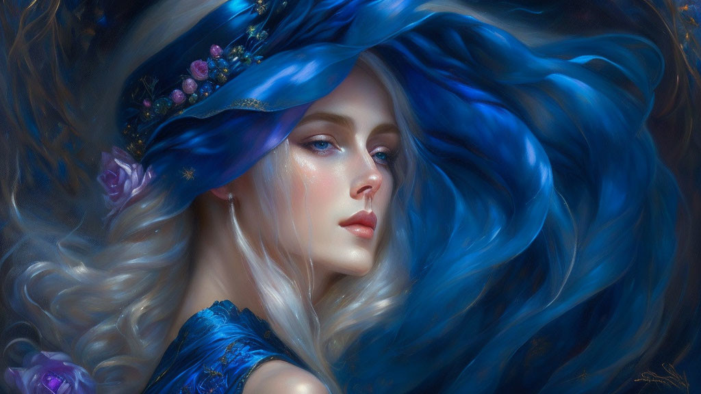 Detailed digital art portrait of a woman with flowing blue hair and a floral hat, featuring mystic ambiance