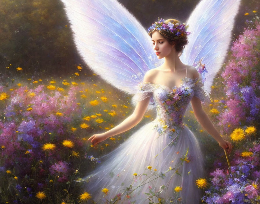 Translucent-winged fairy in flower-filled meadow with enchanting aura