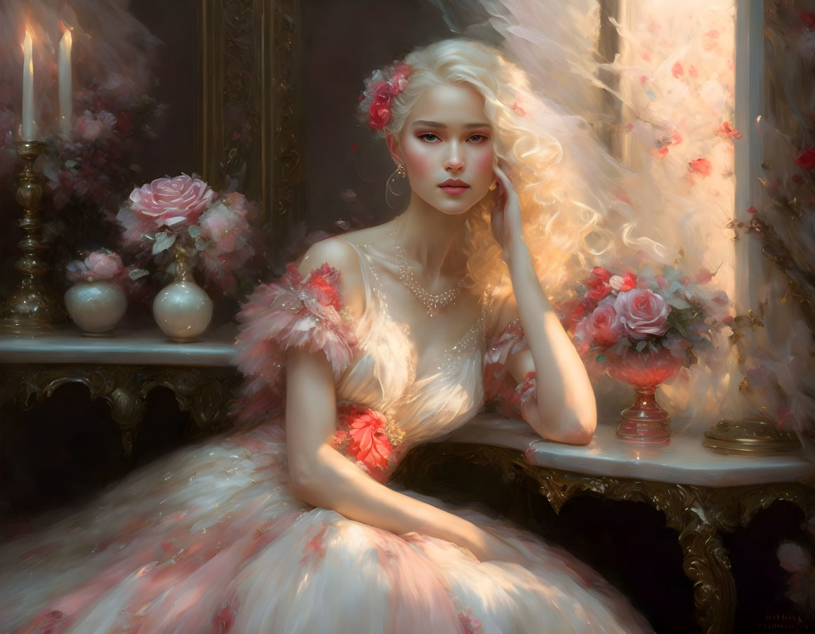 Ethereal woman in pink gown with roses, candlelit table - dreamlike ambiance