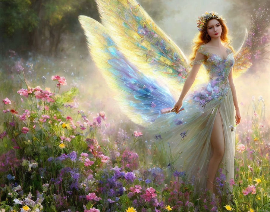 Translucent-winged fairy in vibrant flower field under golden sunlight