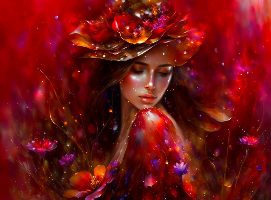 Fantasy portrait of a woman in floral hat with red and purple hues.