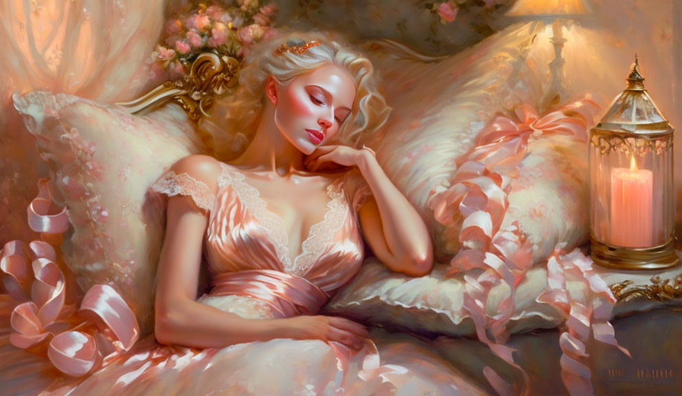 Tranquil woman resting among pillows, flowers, and candlelight