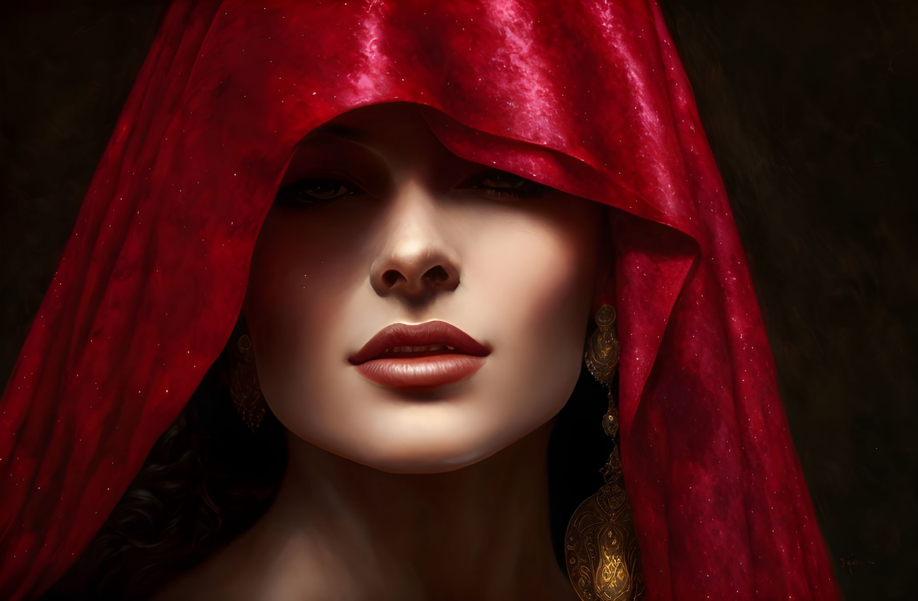 Portrait of a woman with crimson veil, enigmatic gaze, flawless skin, full lips, and orn