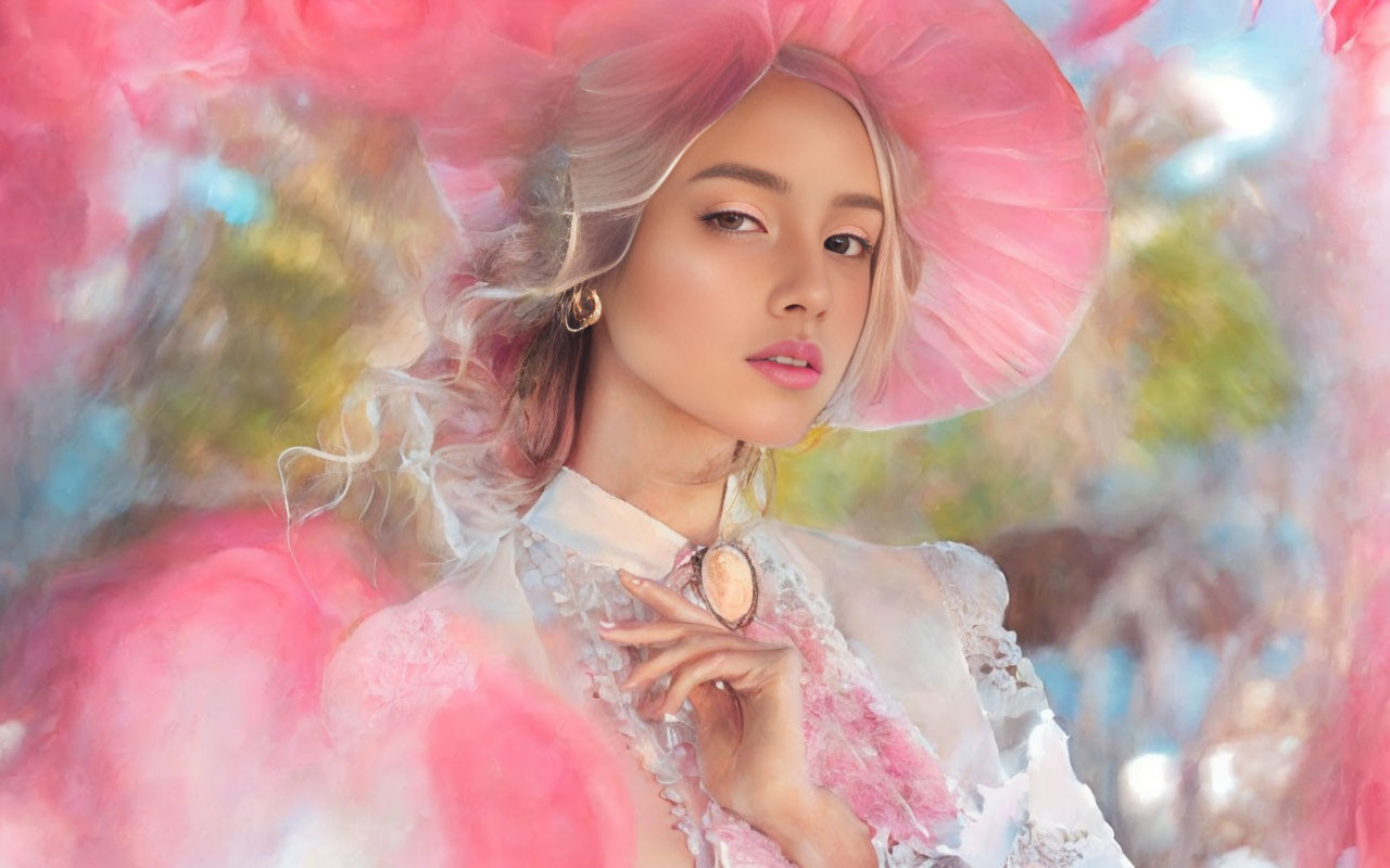 Woman in elegant attire with large pink hat and ruffled blouse among soft pink blossoms