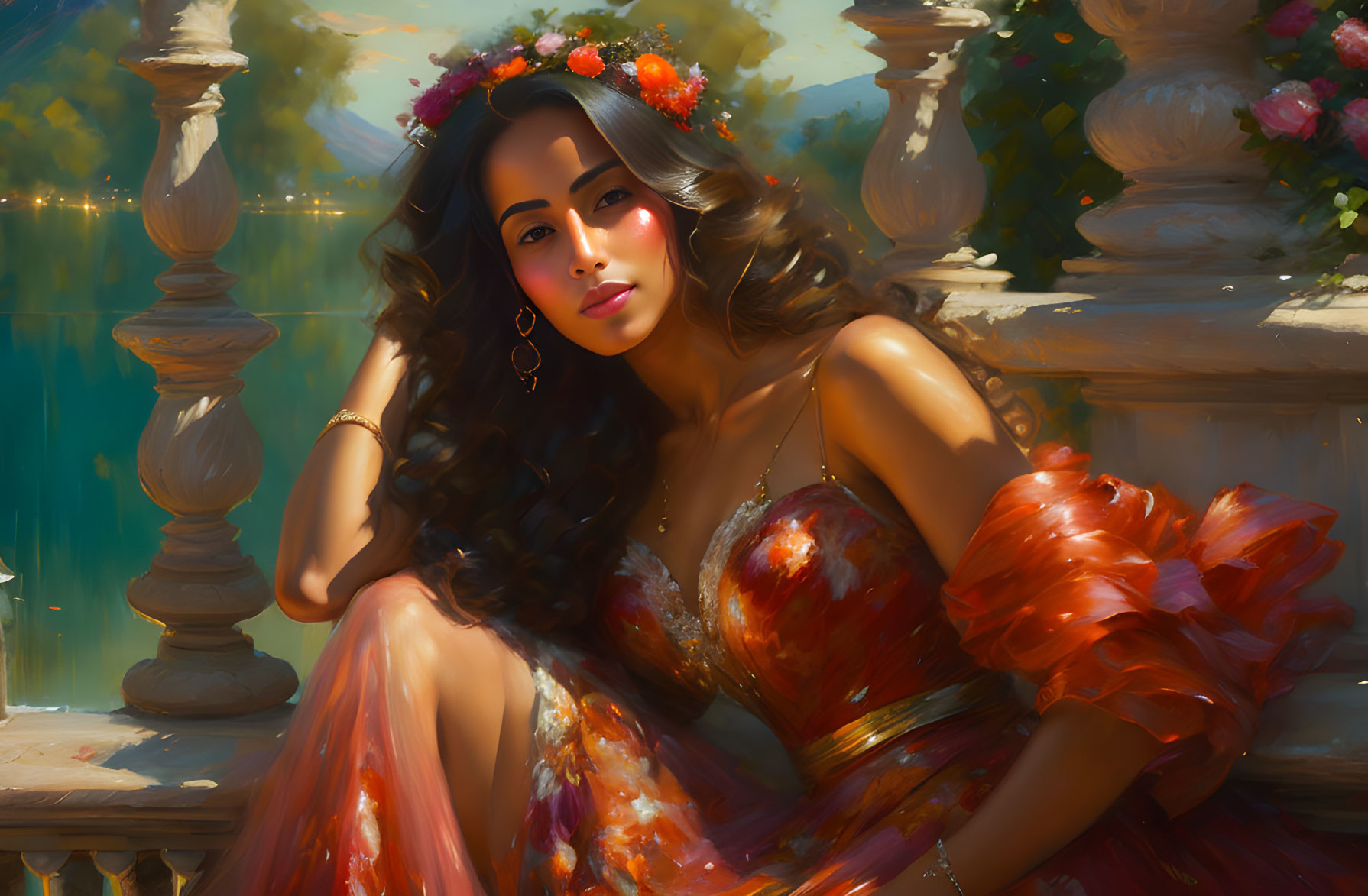 Woman with flowing hair in sunlit setting wearing red-orange dress and floral headpiece.