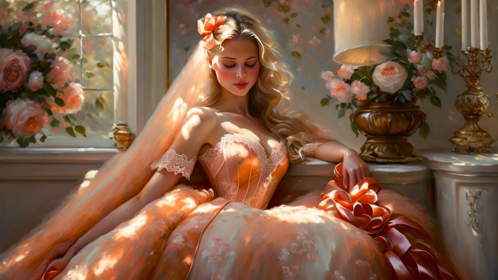 Woman in Peach Ball Gown with Floral Hairpiece in Sunlit Room