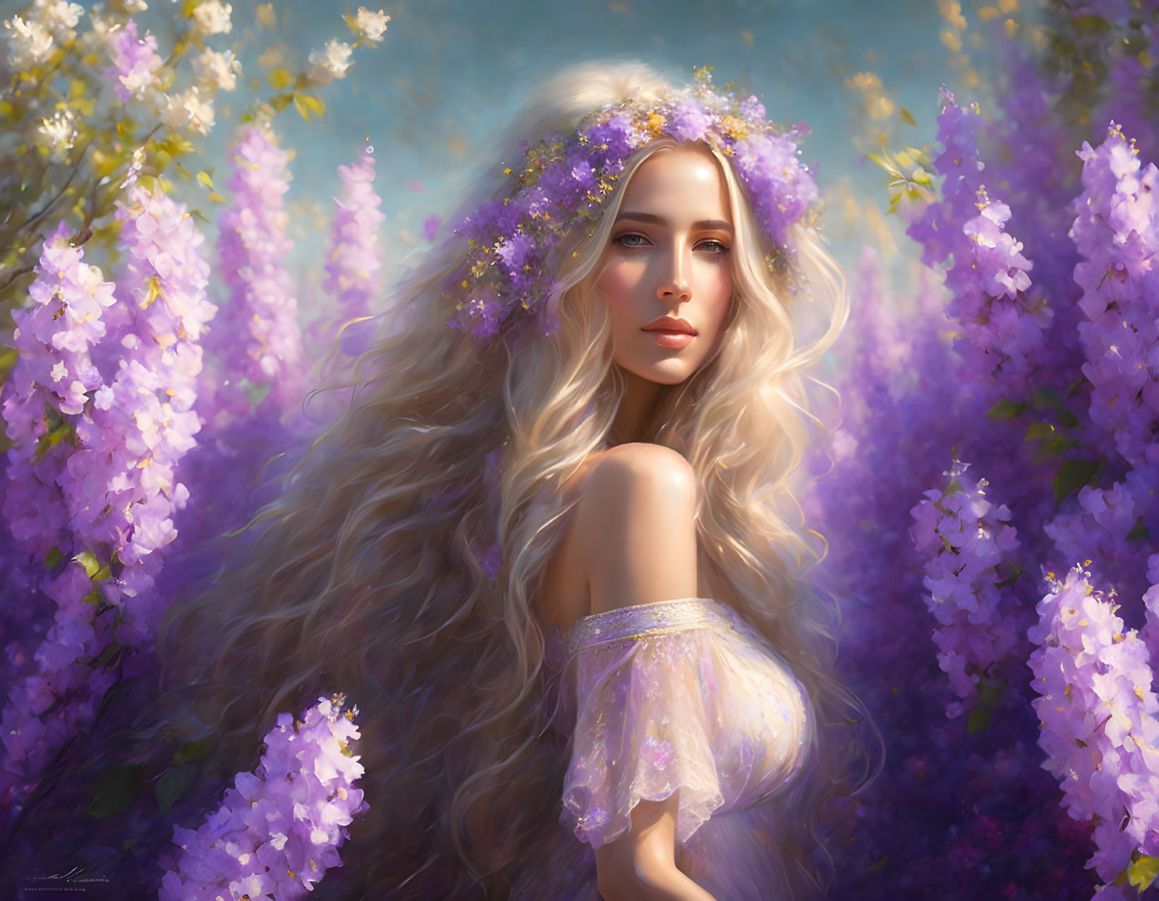 Blonde Woman with Purple Flowers in Lush Garden