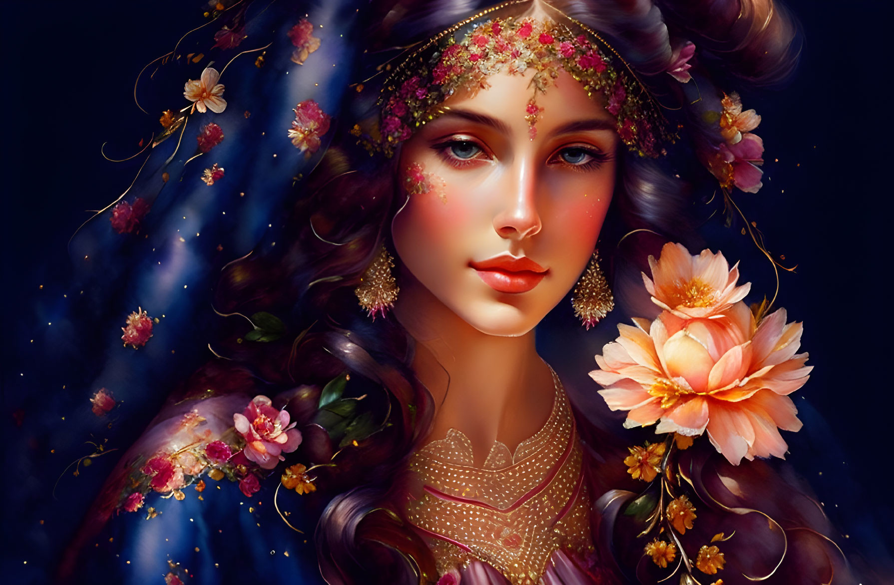 Illustrated woman with flowing hair, flowers, jewelry, under starry night.