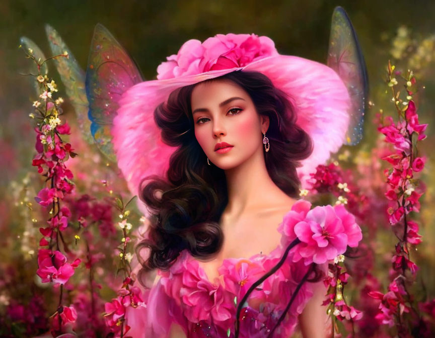 Delicate fairy digital artwork in pink floral attire