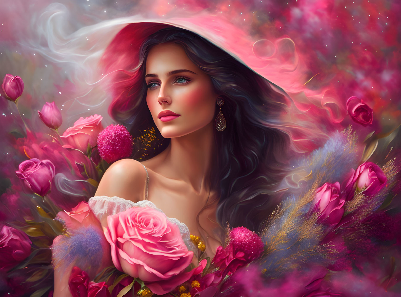 Woman with flowing hair in wide-brimmed hat among pink flowers and starry backdrop.