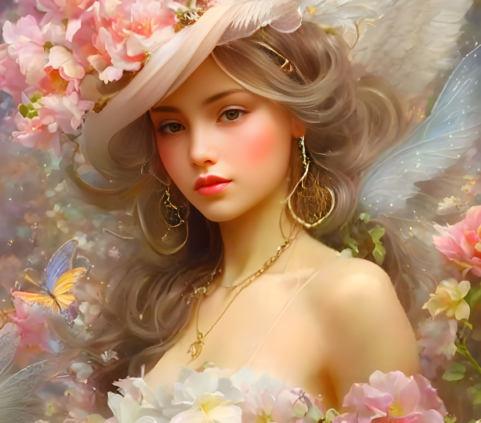 Whimsical woman portrait with flowers, butterflies, hat, flowing hair, and jewelry