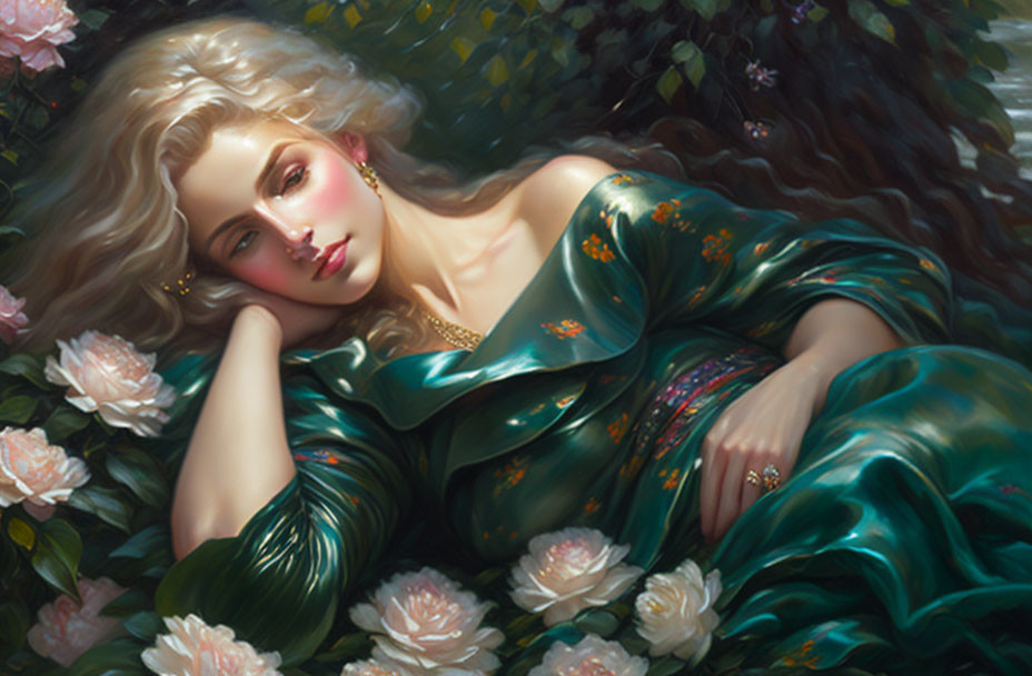 Blonde woman in emerald dress surrounded by pink roses