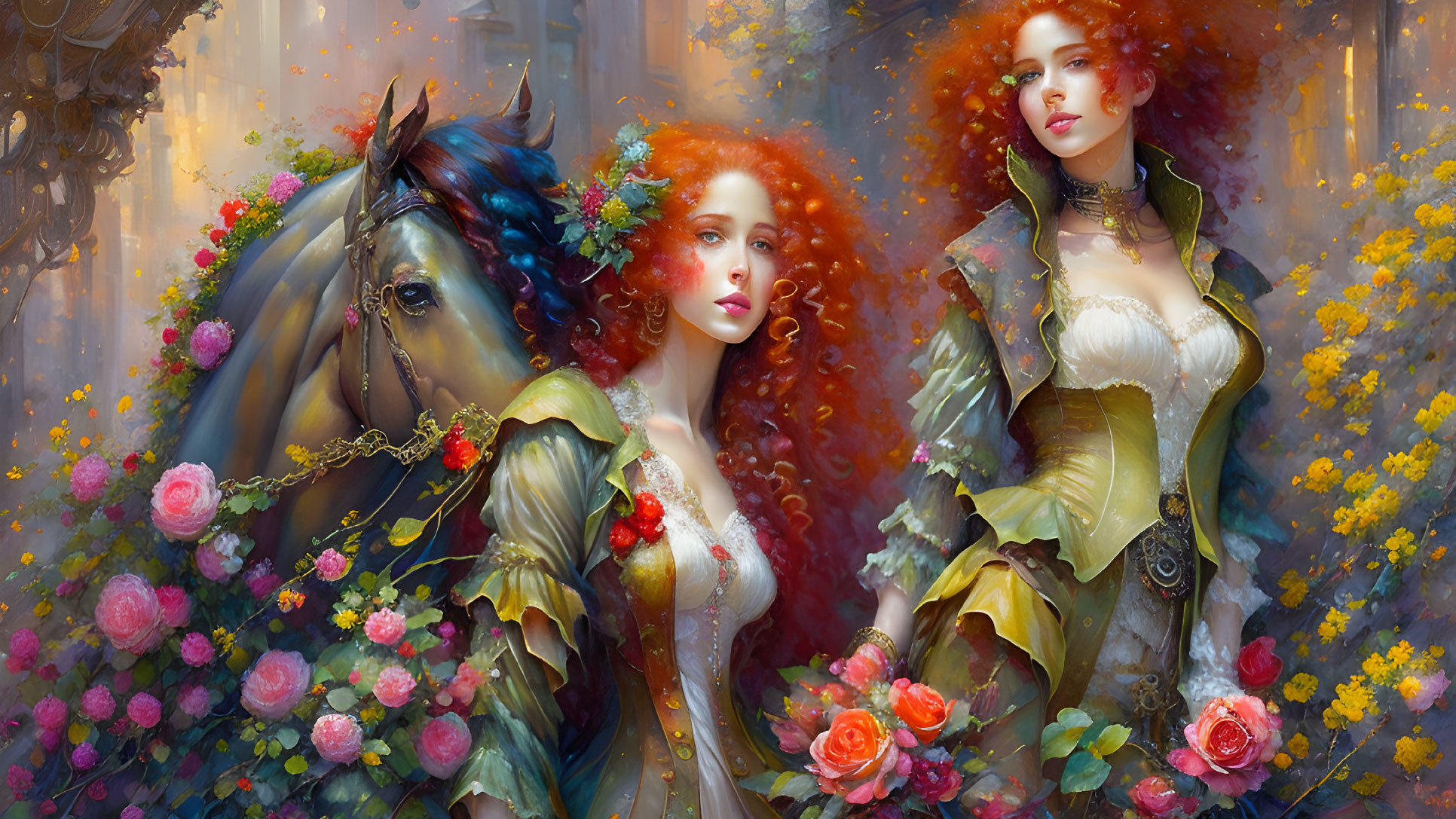 Fantasy illustration: Woman with red hair and horse in floral attire