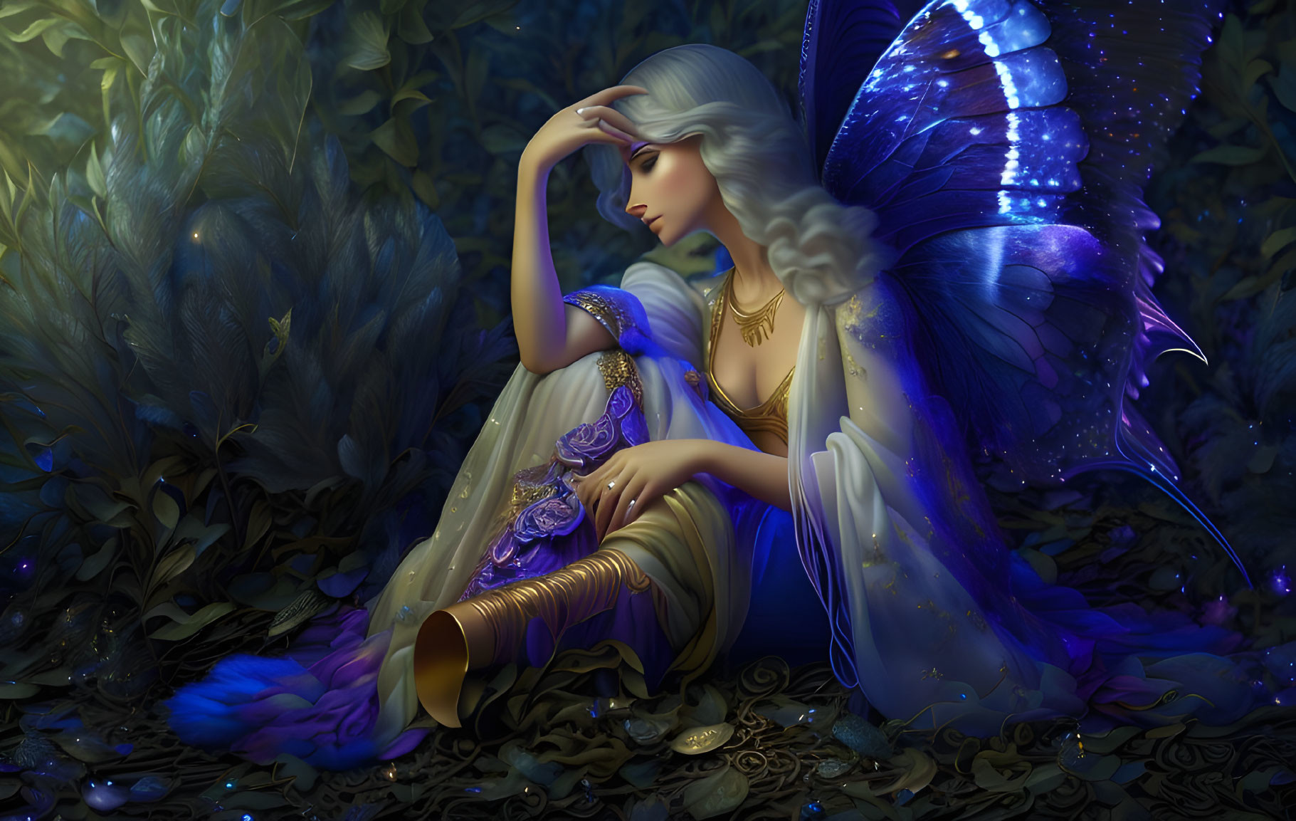 Fantasy illustration: Woman as fairy in mystical forest at twilight